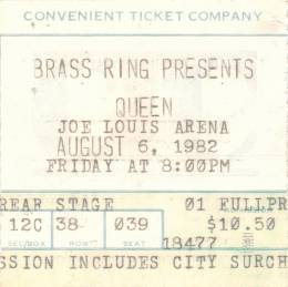 Ticket stub - Queen live at the Joe Louis Arena, Detroit, MI, USA [06.08.1982]