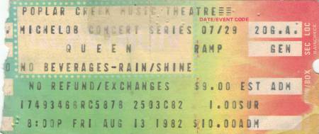 Ticket stub - Queen live at the Poplar Creek Music Theater, Hoffman Estates, IL, USA [13.08.1982]