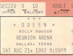 Ticket stub - Queen live at the Reunion, Dallas, TX, USA [21.08.1982]