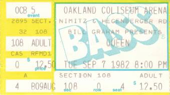 Ticket stub - Queen live at the Oakland Coliseum Arena, Oakland, CA, USA [07.09.1982]