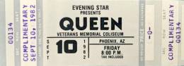 Ticket stub - Queen live at the Veteran's Memorial Coliseum, Phoenix, AZ, USA [10.09.1982]