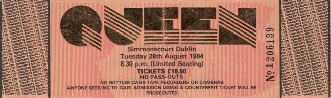 Ticket stub - Queen live at the RDS Simmons Hall, Dublin, Ireland [28.08.1984]
