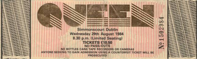 Ticket stub - Queen live at the RDS Simmons Hall, Dublin, Ireland [29.08.1984]