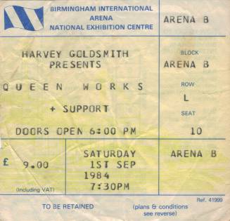 Ticket stub - Queen live at the National Exhibition Centre, Birmingham, UK [01.09.1984]