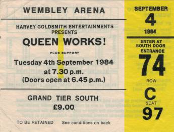 Ticket stub - Queen live at the Wembley Arena, London, UK [04.09.1984]