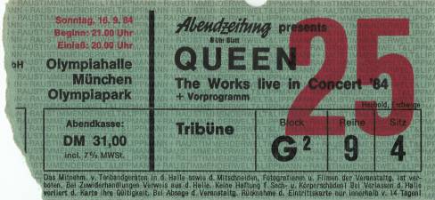 Ticket stub - Queen live at the Olympiahalle, Munich, Germany [16.09.1984]