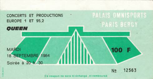 Ticket stub - Queen live at the Palais Omnisports de Bercy, Paris, France [18.09.1984]