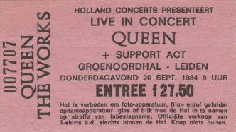 Ticket stub - Queen live at the Groenoordhallen, Leiden, The Netherlands [20.09.1984]