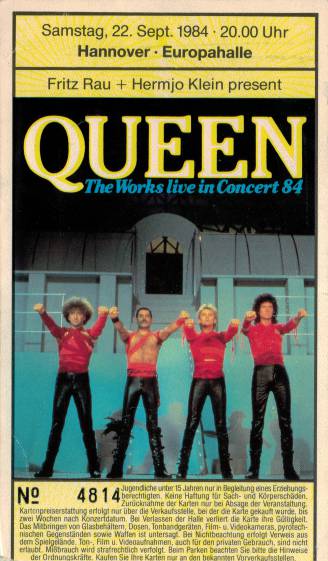 Ticket stub - Queen live at the Europahalle, Hanover, Germany [22.09.1984]