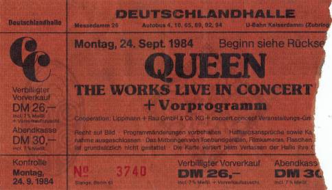 Ticket stub - Queen live at the Deutschlandhalle, Berlin, Germany [24.09.1984]