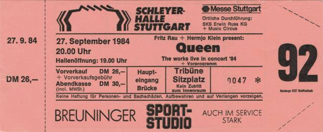 Ticket stub - Queen live at the Schleyerhalle, Stuttgart, Germany [27.09.1984]
