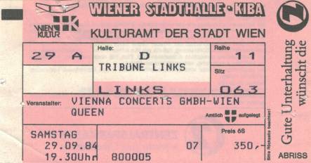 Ticket stub - Queen live at the Stadthalle, Vienna, Austria [29.09.1984]