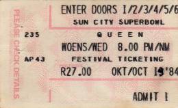 Ticket stub - Queen live at the Super Bowl, Sun City, Bophuthatswana [19.10.1984]