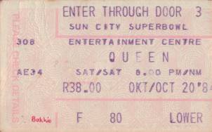 Ticket stub - Queen live at the Super Bowl, Sun City, Bophuthatswana [20.10.1984]