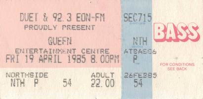 Ticket stub - Queen live at the Sports & Entertainments Centre, Melbourne, Australia [19.04.1985]