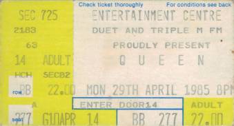Ticket stub - Queen live at the Entertainments Centre, Sydney, Australia [29.04.1985]