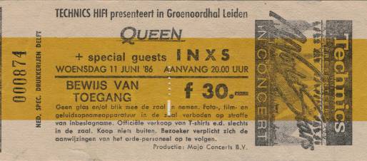 Ticket stub - Queen live at the Groenoordhallen, Leiden, The Netherlands [11.06.1986]