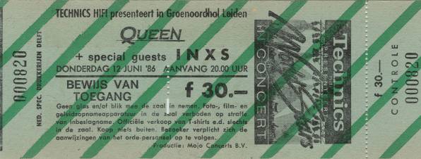 Ticket stub - Queen live at the Groenoordhallen, Leiden, The Netherlands [12.06.1986]