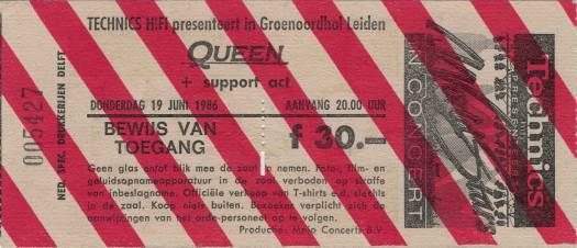 Ticket stub - Queen live at the Groenoordhallen, Leiden, The Netherlands [19.06.1986]
