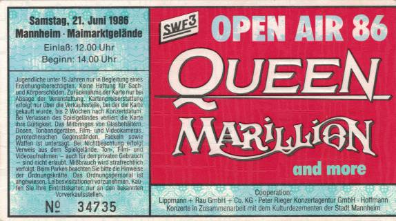 Ticket stub - Queen live at the Maimarktgelände, Mannheim, Germany [21.06.1986]
