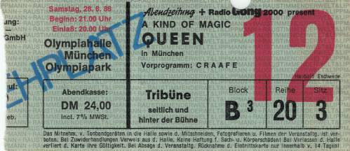 Ticket stub - Queen live at the Olympiahalle, Munich, Germany [28.06.1986]