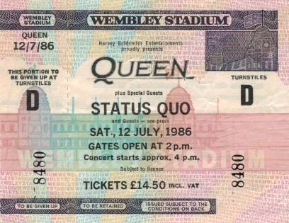 Ticket stub - Queen live at the Wembley Stadium, London, UK [12.07.1986]