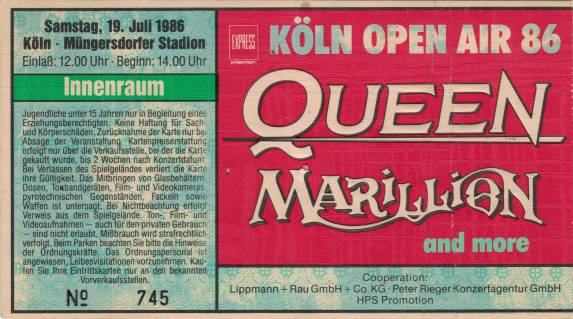 Ticket stub - Brian May live at the Müngersdorfer Stadion, Cologne, Germany (with Marillion) [19.07.1986]