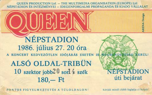 Ticket stub - Queen live at the Nepstadion, Budapest, Hungary [27.07.1986]