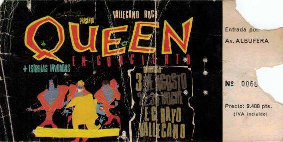 Ticket stub - Queen live at the Rayo Vallecano, Madrid, Spain [03.08.1986]