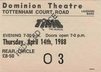 Ticket stub - Freddie Mercury live at the Dominion Theatre, London, UK (Time musical - special charity performance) [14.04.1988]