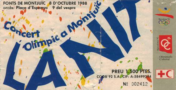 Ticket stub - Freddie Mercury live at the Plaça de Carles Buïgas, Montjuic Park, Barcelona, Spain (La Nit festival) [08.10.1988]