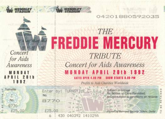 Ticket stub - Brian May + Roger Taylor + John Deacon live at the Wembley Stadium, London, UK (Freddie Mercury Tribute) [20.04.1992]