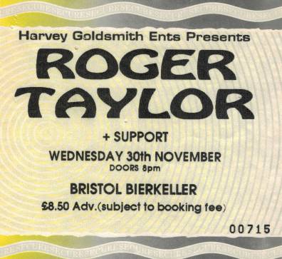 Ticket stub - Roger Taylor live at the Bristol Bierkeller, Bristol, UK [30.11.1994]