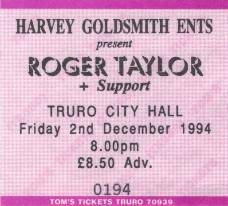 Ticket stub - Roger Taylor live at the City Hall, Truro, UK [02.12.1994]
