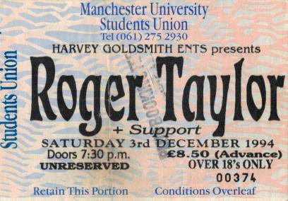 Ticket stub - Roger Taylor live at the Manchester University (Debating Hall), Manchester, UK [03.12.1994]