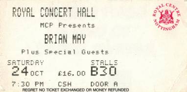Ticket stub - Brian May live at the Royal Concert Hall, Nottingham, UK [24.10.1998]