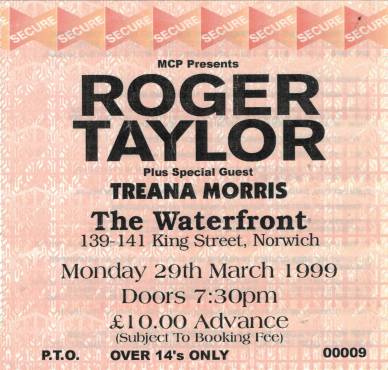 Ticket stub - Roger Taylor live at the The Waterfront, Norwich, UK [29.03.1999]