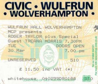Ticket stub - Roger Taylor live at the Wulfrun Hall, Wolverhampton, UK [30.03.1999]