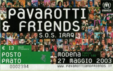 Ticket stub - Brian May + Roger Taylor live at the Parco Novi Sad, Modena, Italy (Pavarotti & Friends) [27.05.2003]