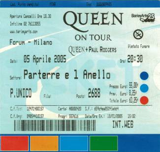 Ticket stub - Queen + Paul Rodgers live at the Forum, Milan, Italy [05.04.2005]