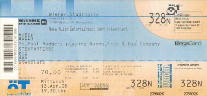 Ticket stub - Queen + Paul Rodgers live at the Stadthalle, Vienna, Austria [13.04.2005]
