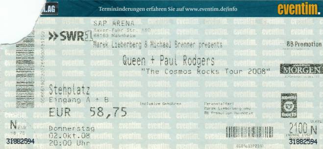 Ticket stub - Queen + Paul Rodgers live at the SAP Arena, Mannheim, Germany [02.10.2008]