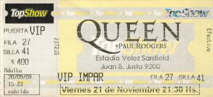 Ticket stub - Queen + Paul Rodgers live at the Estadio Velez Sarsfield, Buenos Aires, Argentina [21.11.2008]
