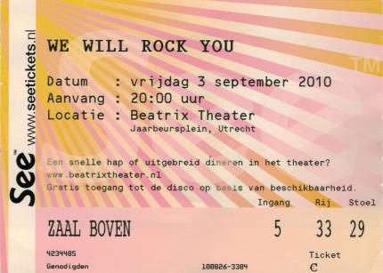 Ticket stub - Brian May live at the Beatrix Theater, Utrecht, The Netherlands (WWRY musical premiere) [03.09.2010]