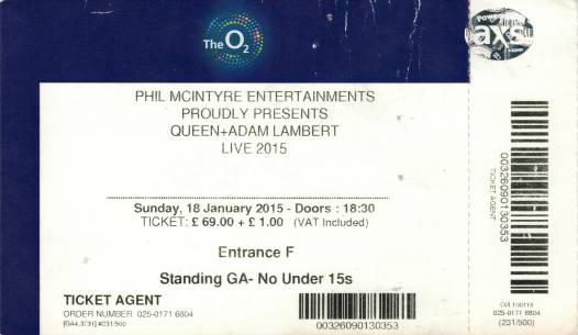 Ticket stub - Queen + Adam Lambert live at the O2 Arena, London, UK [18.01.2015]