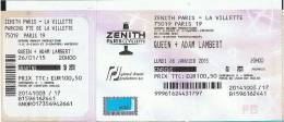 Ticket stub - Queen + Adam Lambert live at the Le Zenith, Paris, France [26.01.2015]