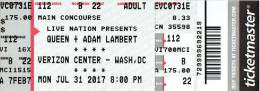 Ticket stub - Queen + Adam Lambert live at the Verizon Center, Washington, DC, USA [31.07.2017]