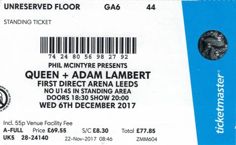 Ticket stub - Queen + Adam Lambert live at the First Direct Arena, Leeds, UK [06.12.2017]