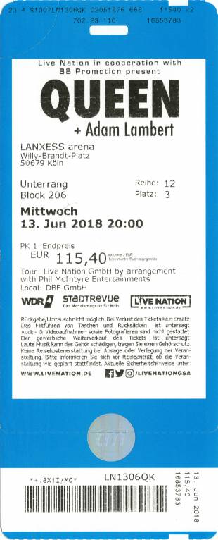 Ticket stub - Queen + Adam Lambert live at the Lanxess Arena, Cologne, Germany [13.06.2018]