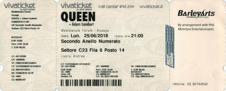 Ticket stub - Queen + Adam Lambert live at the Forum, Milan, Italy [25.06.2018]